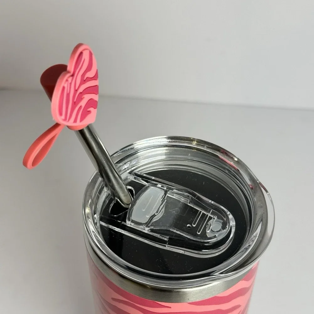 Juicy Couture Pink Zebra Print Stainless Steel Tumbler 24oz Heart Straw Cup